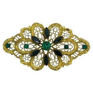 Vintage Antique Green Rhinestone Brooch Gold Tone Filigree Victorian Costume Jew